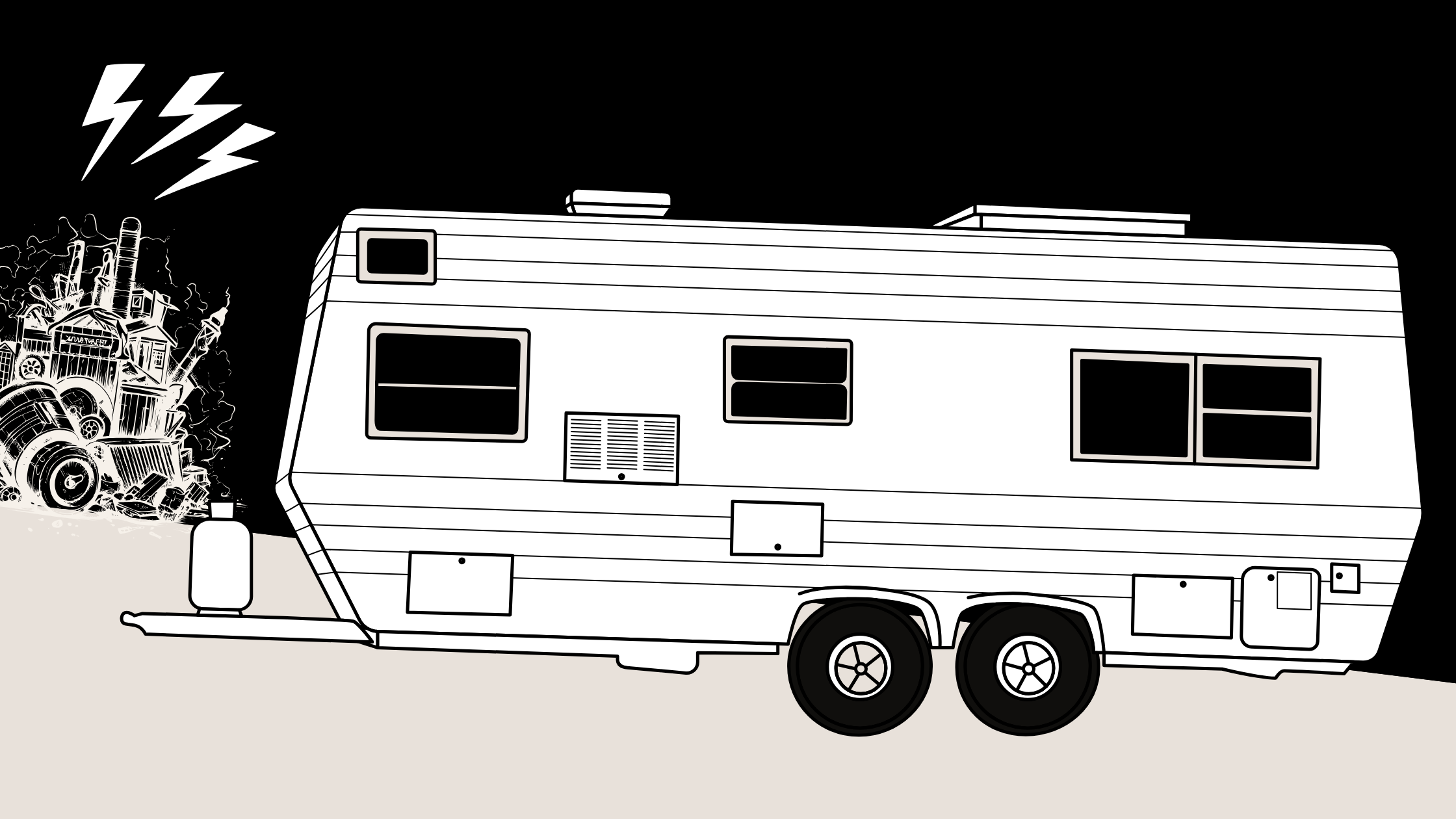 A mobile home or trailer with simple geometric details, representing Jamie's trailer home where the story of friendship, loss, and magical resurrection unfolds
