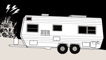 A mobile home or trailer with simple geometric details, representing Jamie's trailer home where the story of friendship, loss, and magical resurrection unfolds
