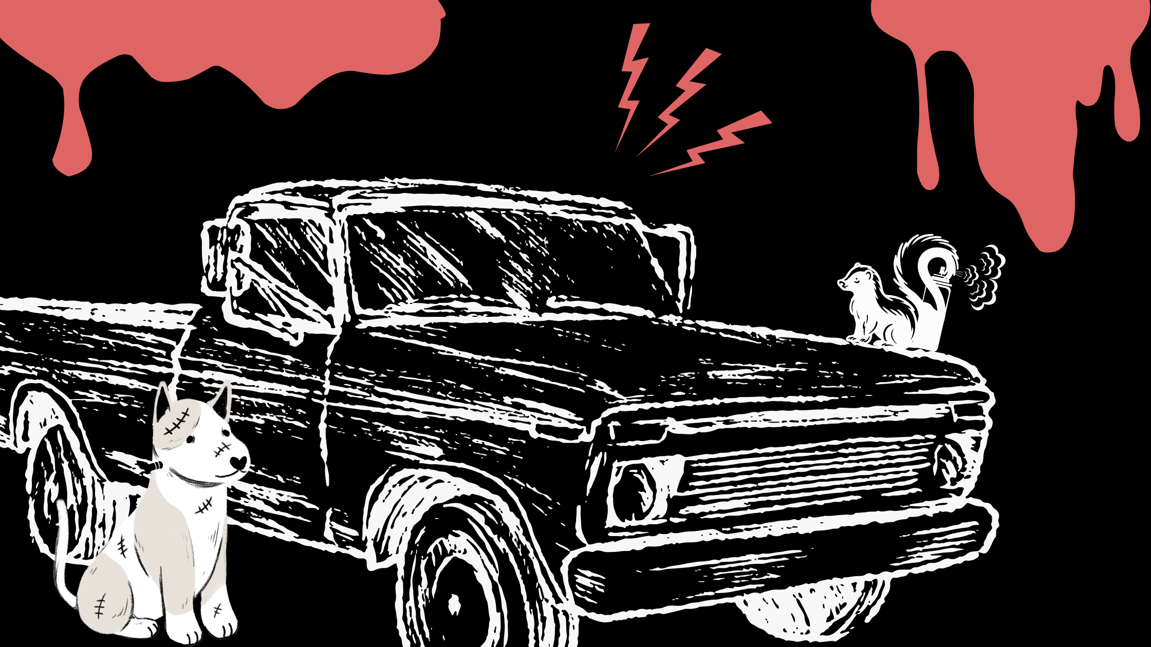 A vintage pickup truck in black and white, symbolizing the magical junkyard where broken things return to life and friendships transcend death