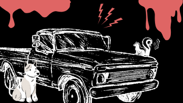 A vintage pickup truck in black and white, symbolizing the magical junkyard where broken things return to life and friendships transcend death