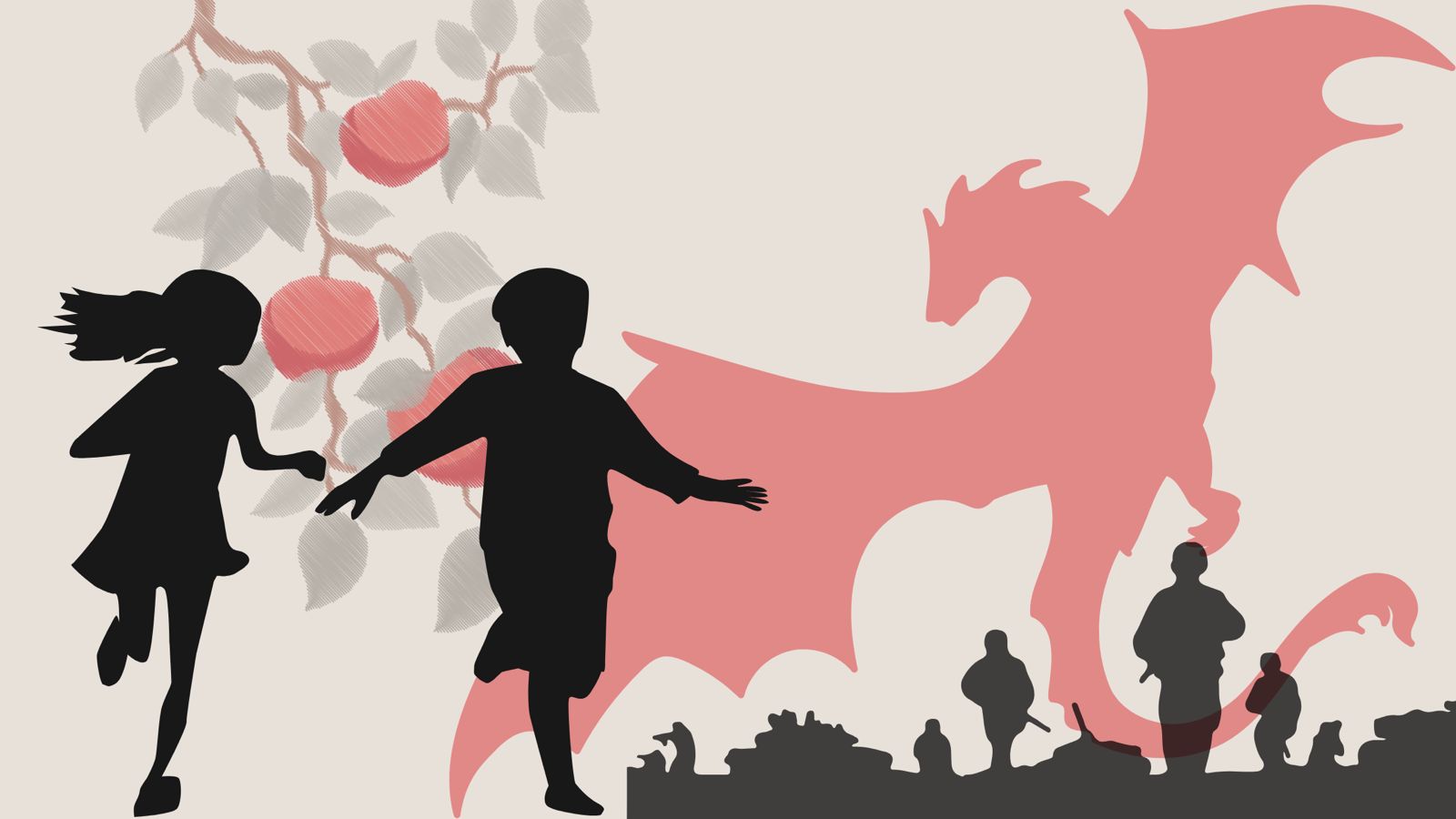 Silhouettes of a boy and a girl running with an apple tree branch hanging over them. On the horizon, the ominous silhouette of a red dragon as a symbol of war looming with soldiers and tanks on the ground in the distance.