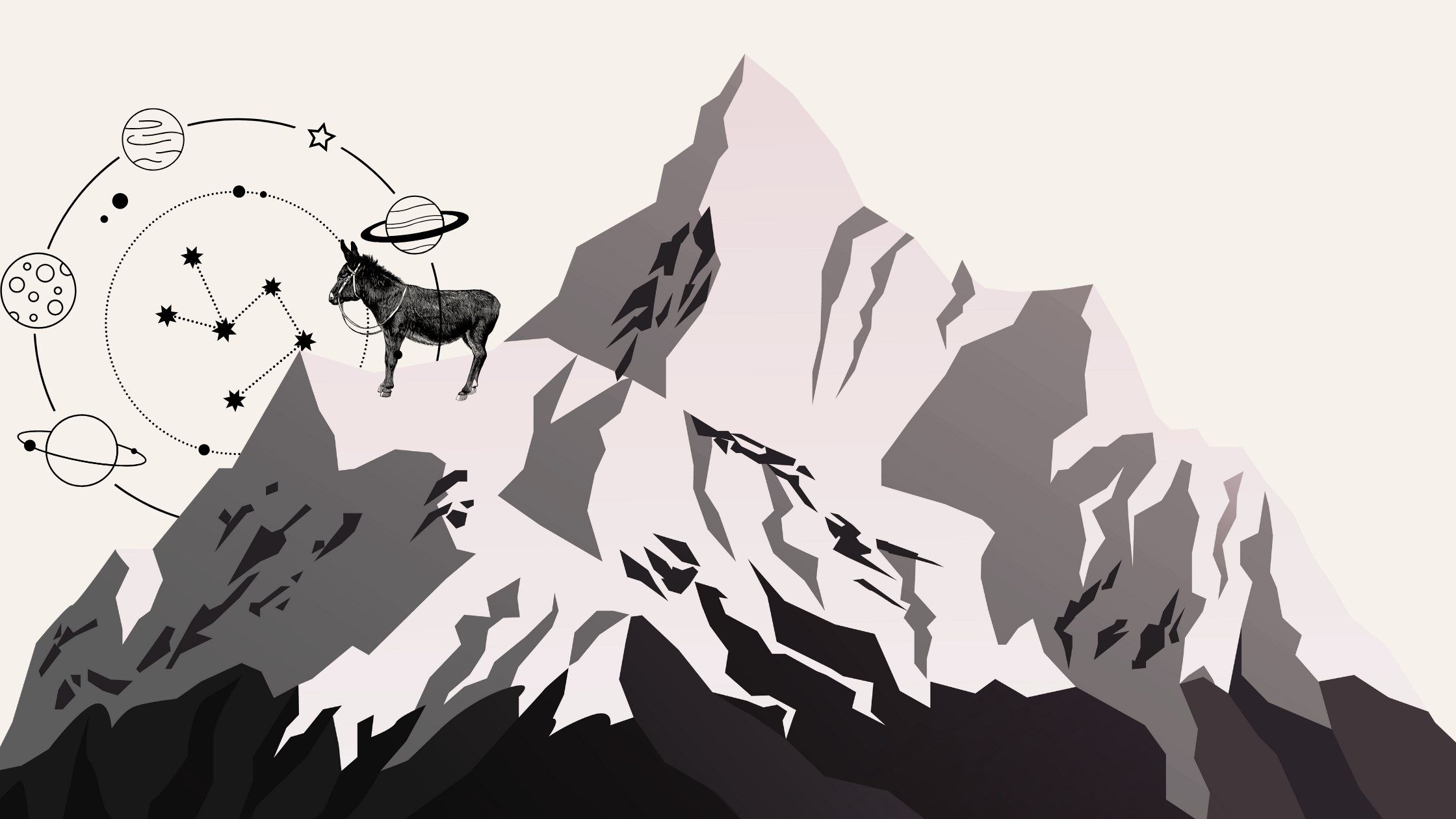 A dramatic mountain landscape with snow-covered peaks and a mule surrounded by a circle of planets and stars, evoking the Caucasus mountains and the time travel magic that Elvira's story revolves around