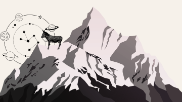 A dramatic mountain landscape with snow-covered peaks and a mule surrounded by a circle of planets and stars, evoking the Caucasus mountains and the time travel magic that Elvira's story revolves around