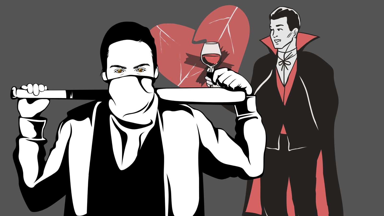 A gangster with amber eyes with a bat over his shoulder, his vampire ex-lover in the background holding a glass of wine, and a broken but patched up heart in the background between them.
