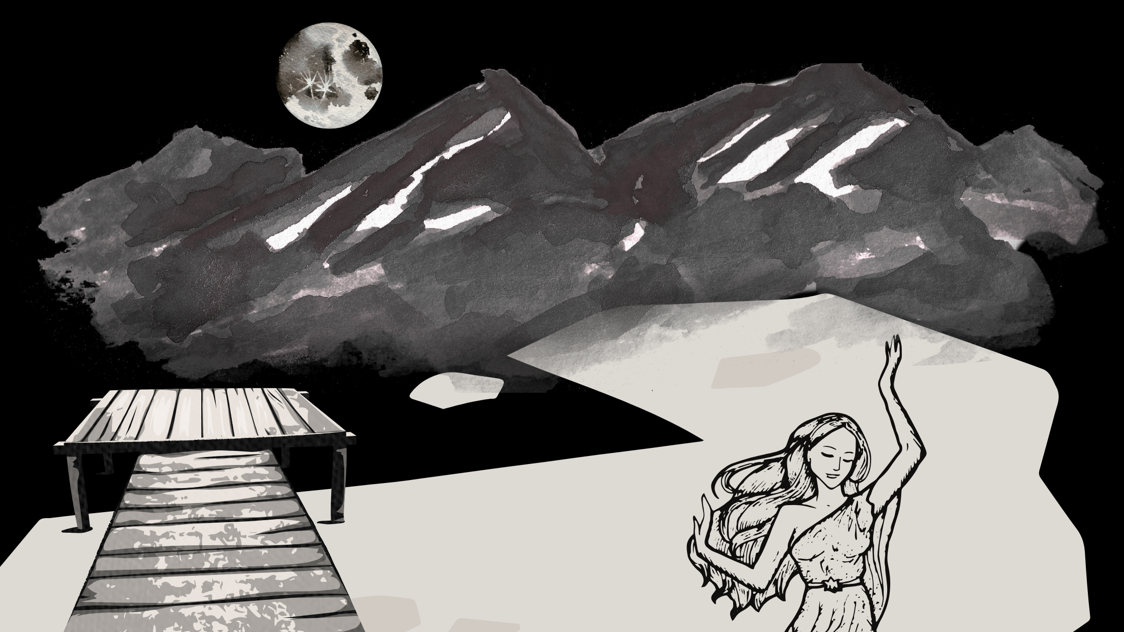 A dark, moonlit pond with mountains in the background, evoking the haunted waters where a rusalka spirit emerges for revenge in this supernatural horror tale